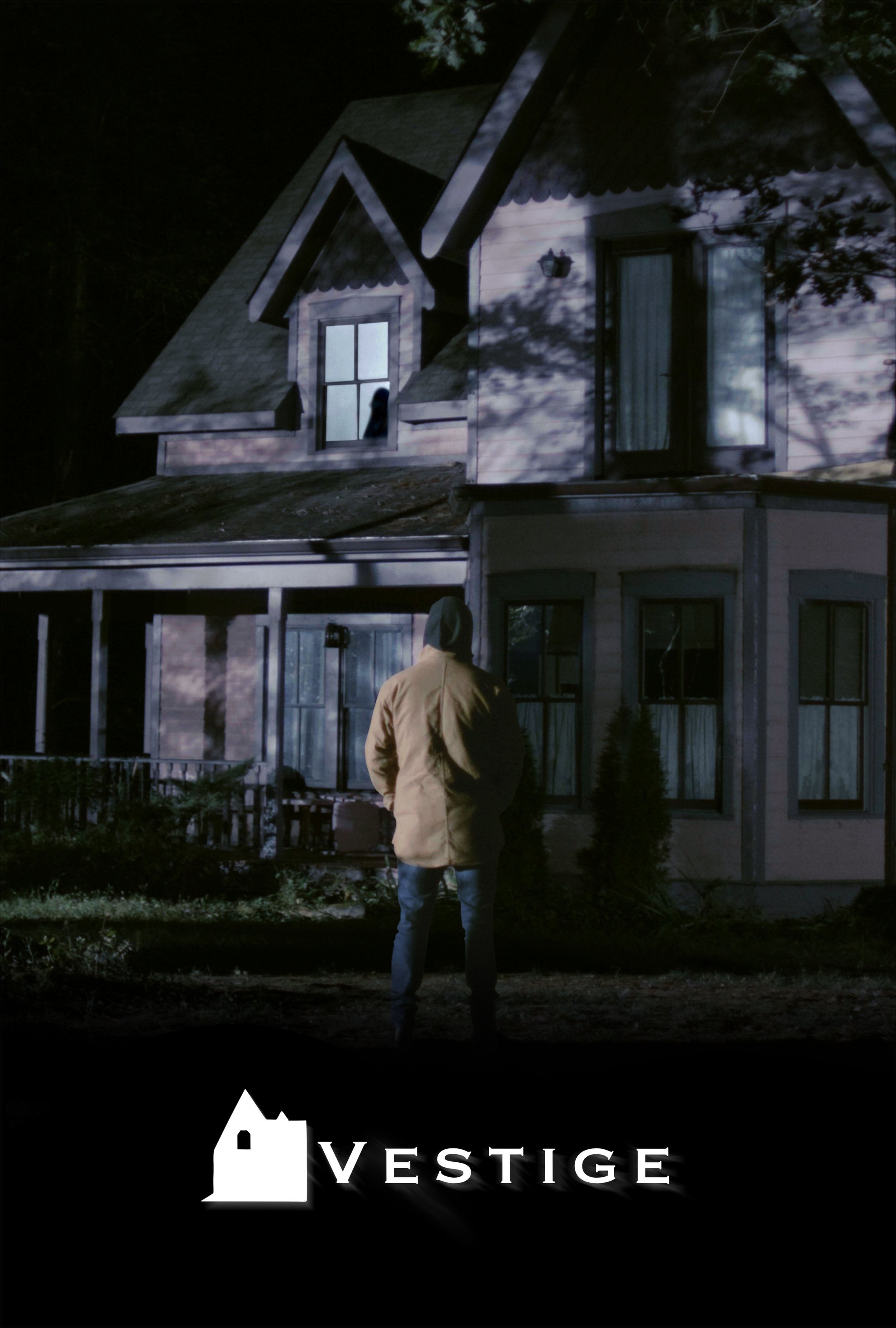 Nighttime scene of a man in a tan jacket standing in front of a house with shadows of tree branches on its exterior. The house features a high roof with dormer windows. The bottom of the image has a logo with a silhouette of a house and the word 'VESTIGE'.