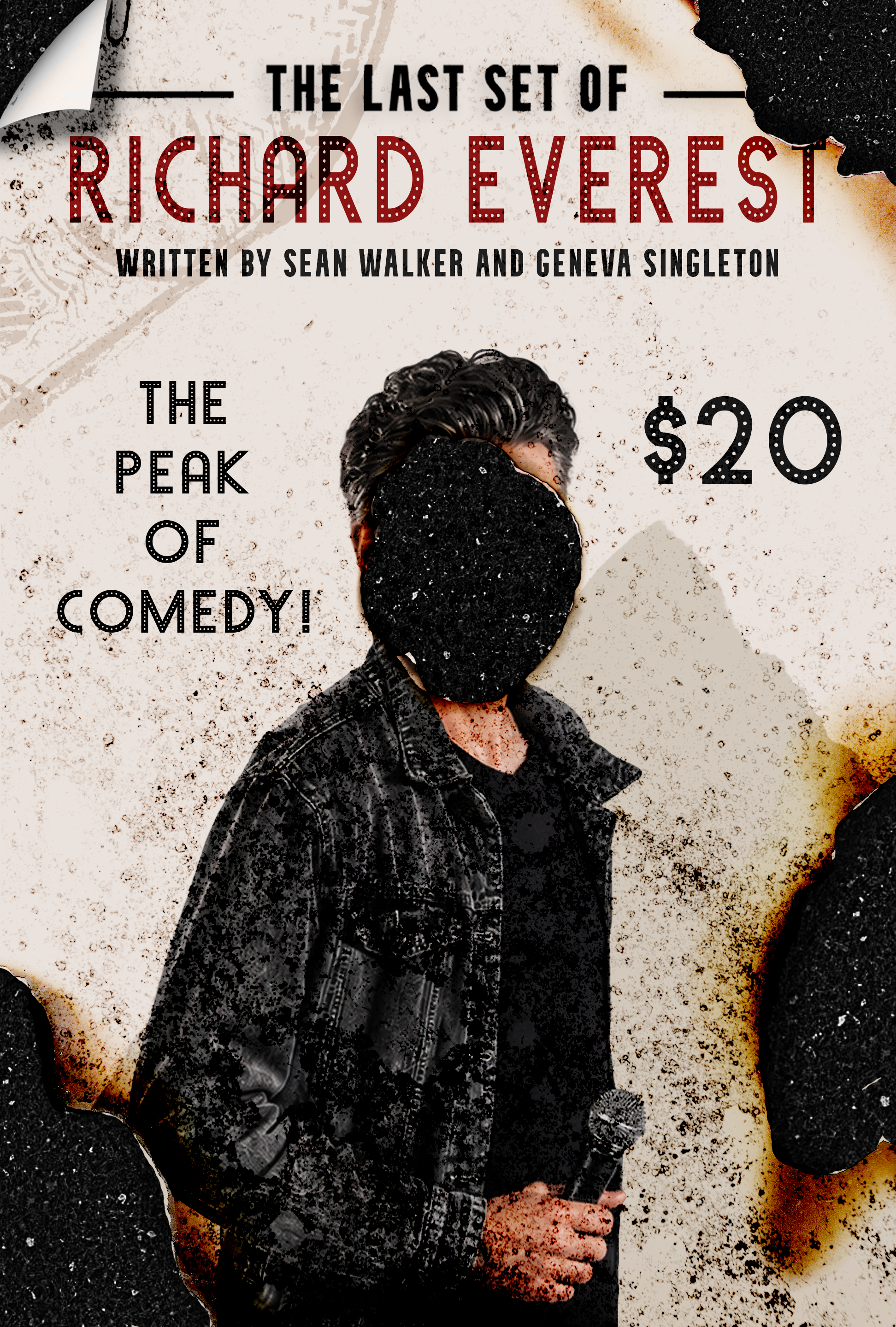 Poster for the screenplay "The Last Set of Richard Everest" written by Sean Walker and Geneva Singleton, featuring a person in a black leather jacket holding a microphone, with a torn hole revealing part of their face and hand.