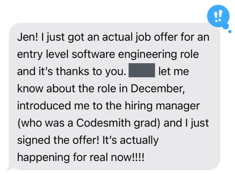 Screenshot of a messaging app conversation where someone shares they received a job offer for an entry-level software engineering role thanks to Jen, and they signed the offer.