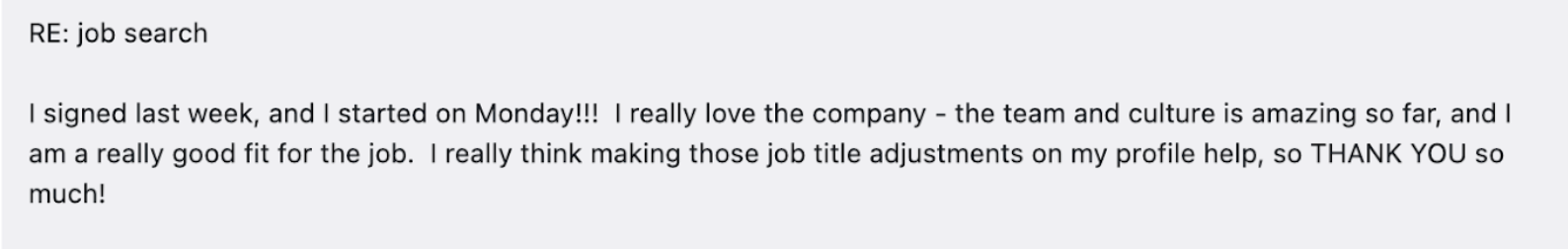 Screenshot of an email message about a recent job start, expressing enthusiasm and gratitude.