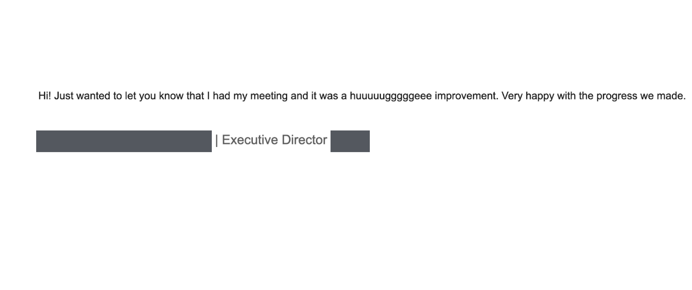 Email from an executive director explaining a successful meeting and progress made, signed off with a name and title.