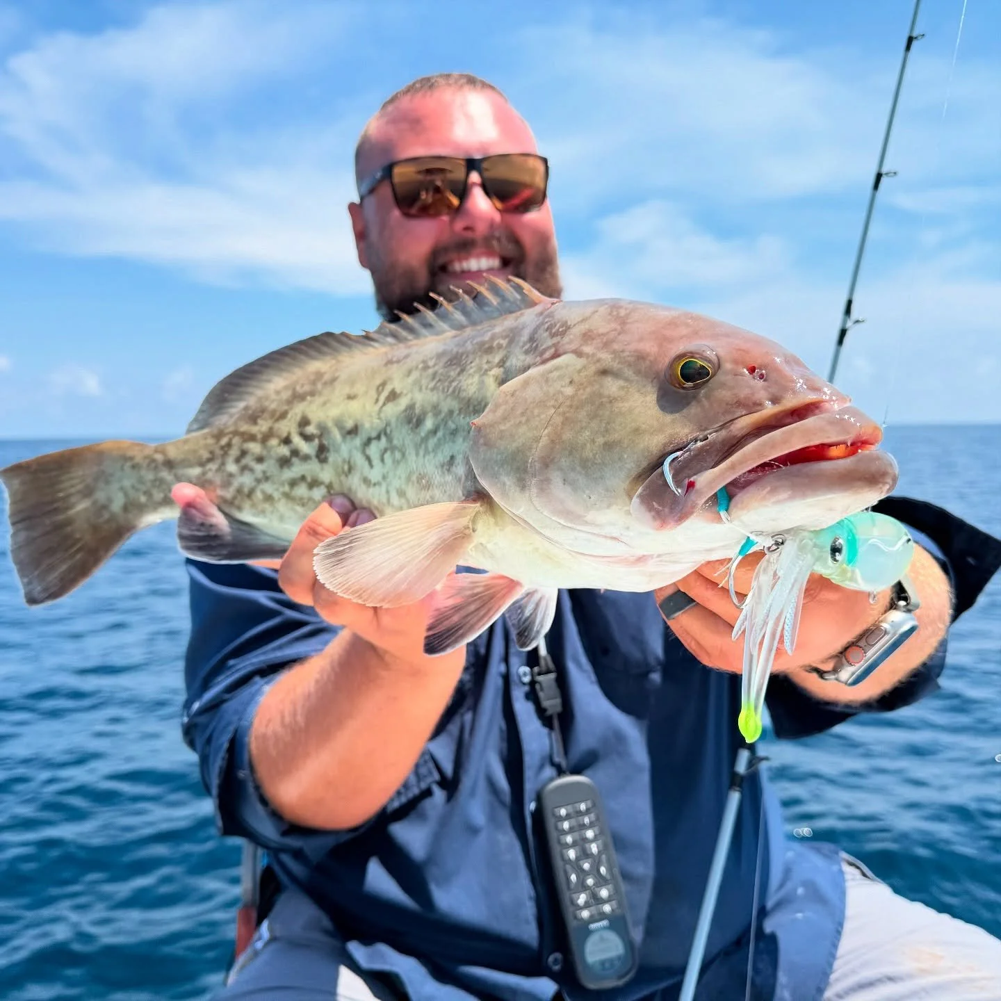 Lil gag grouper with the @nomadtackle_usa Squidtrex 130 🦑🔥 Slow pitch jigging strikes again! Nothing beats feeling that thump and loading up the rod! 
&bull;
&bull;
&bull;
#GagGrouper #GrouperFishing #SlowPitchJigging #NomadDesignTackle #Squidtrex 