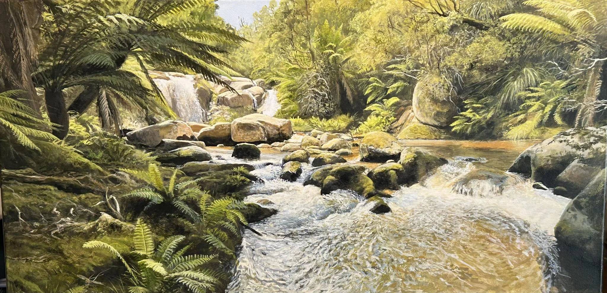 Groom River, downstream from Hall’s Falls, North East Tasmania.
910mm x 420mm, acrylic on canvas.
Typical of many of the rivers in North East Tasmania, flowing through lush, temperate rainforests, between boulders laden with mosses and the ubiquitous