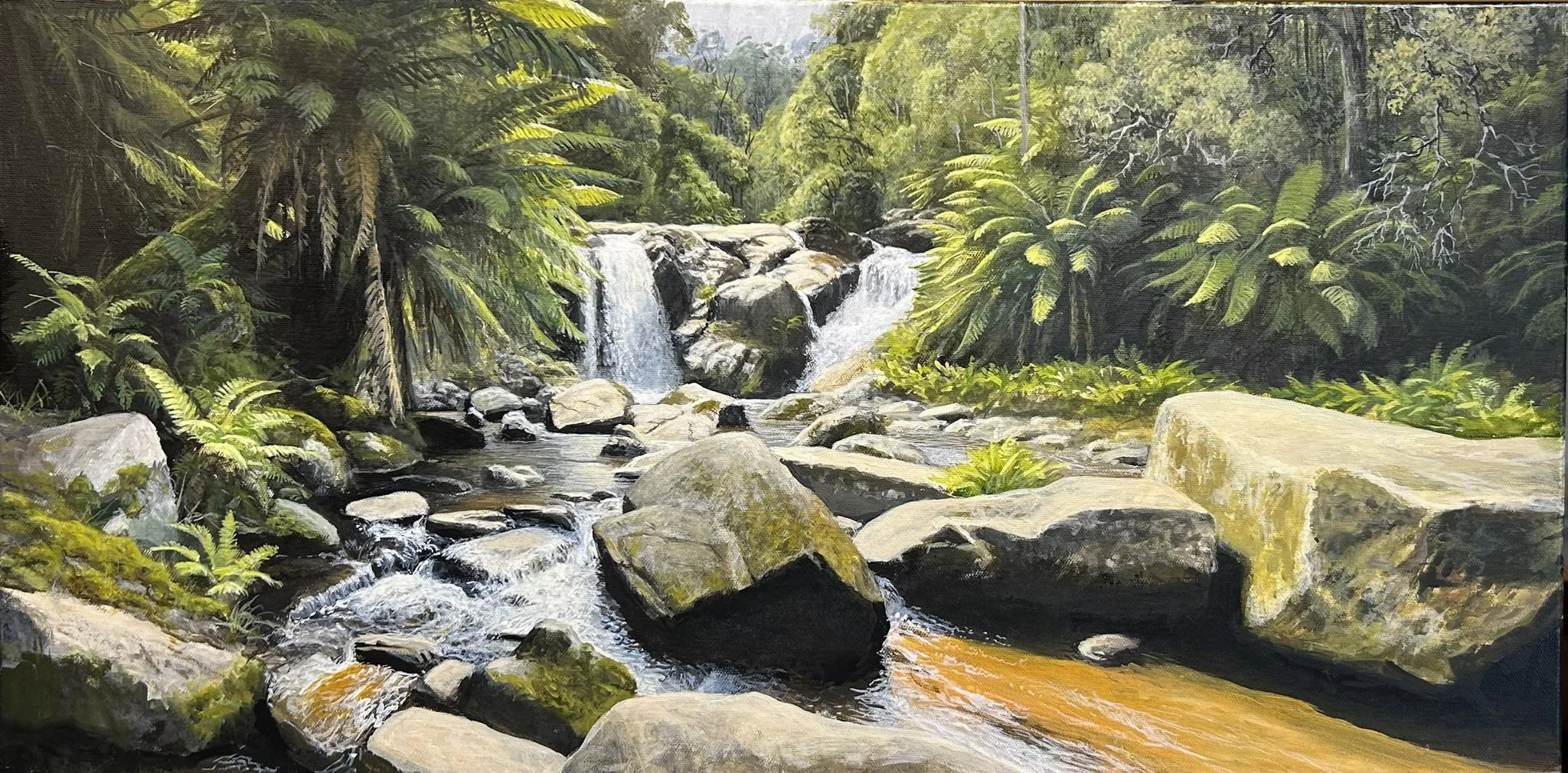 Groom River, downstream from Hall’s Falls, North East Tasmania.

910mm x 420mm, acrylic on canvas.


Typical of many of the rivers in North East Tasmania, flowing through lush, temperate rainforests, between boulders laden with mosses and the ubiquit