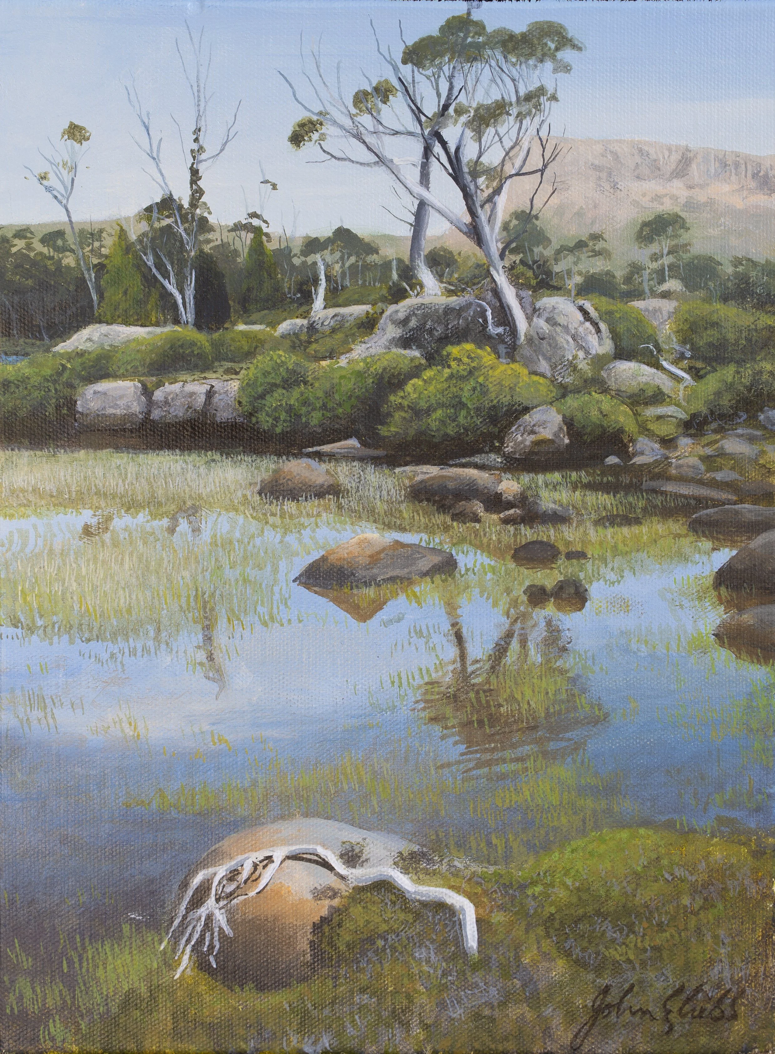 Towards King David’s Seat from Solomon’s Jewels.

(sold)

acrylic on canvas / 22.5 x 30 cm.

A small study of s mountain tarn in ‘Solomon’s Jewels, a series of picturesque tarns enroute to the ‘Walls’