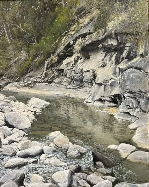Douglas River, East Coast Tasmania.

(Price on enquiry)

405mm x 505mm, acrylic on canvas. 

The Douglas River, with its clear, ‘glass-green’ waters and smooth white boulders, wends its way through a series of gorges and dry sclerophyl forests on its