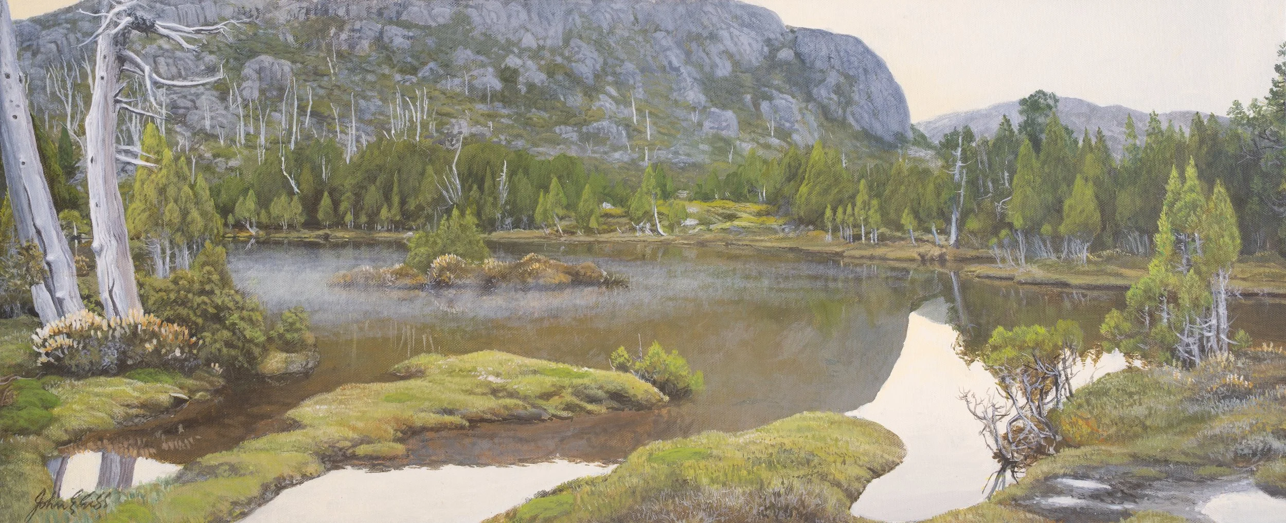 Early Morning Reflection on the Pool of Siloam.

(sold)

acrylic on canvas / 91 x 37 cm.

Condensation mist lies over the pool on a crisp, still morning, the silence broken only by the call of a currawong or the soft splash of a foraging platypus.