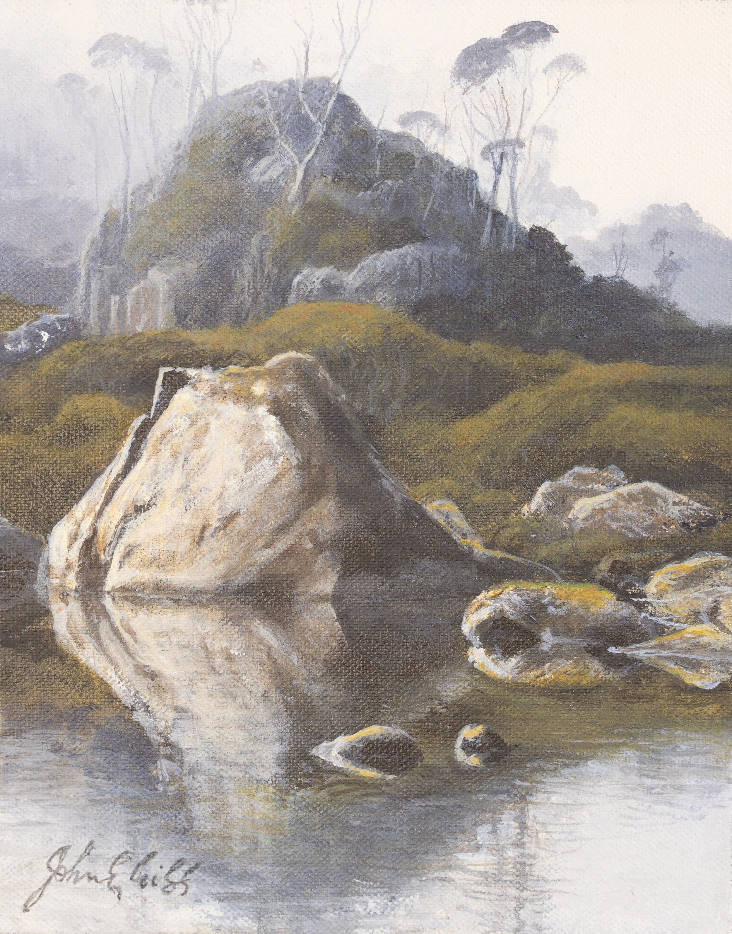 Alpine Tarn in the Golden Gate.

(sold)

acrylic on canvas / 20 x 25 cm.

Passing through the Golden Gate on the way to Mt Jerusalem are many tarns and ‘erratics’, remnants of the ice age glaciers that sculpted ‘the Walls’ as we know them today