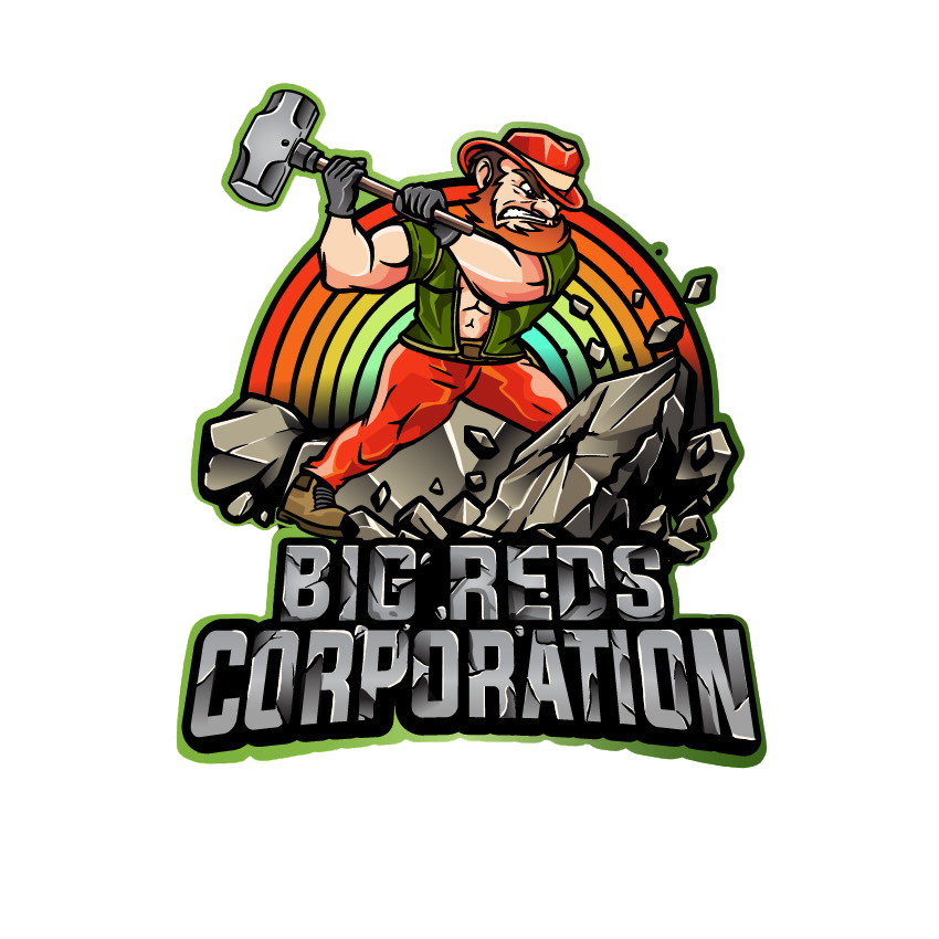 A cartoon character of a muscular man with a beard, wearing an orange hat, green vest, and orange pants, smashing through a rock with a large hammer. The background features a rainbow gradient arch. The text reads "BIG REDS CORPORATION".
