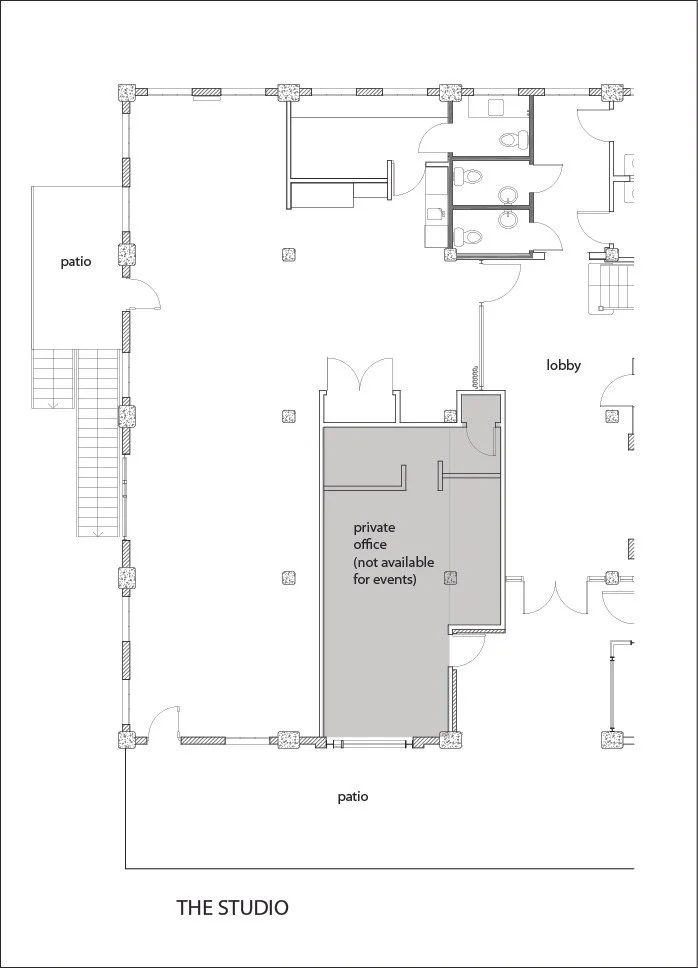 Architectural floor plan of a studio featuring patios, a lobby, a private office not available for events, a restroom area, and stairways.