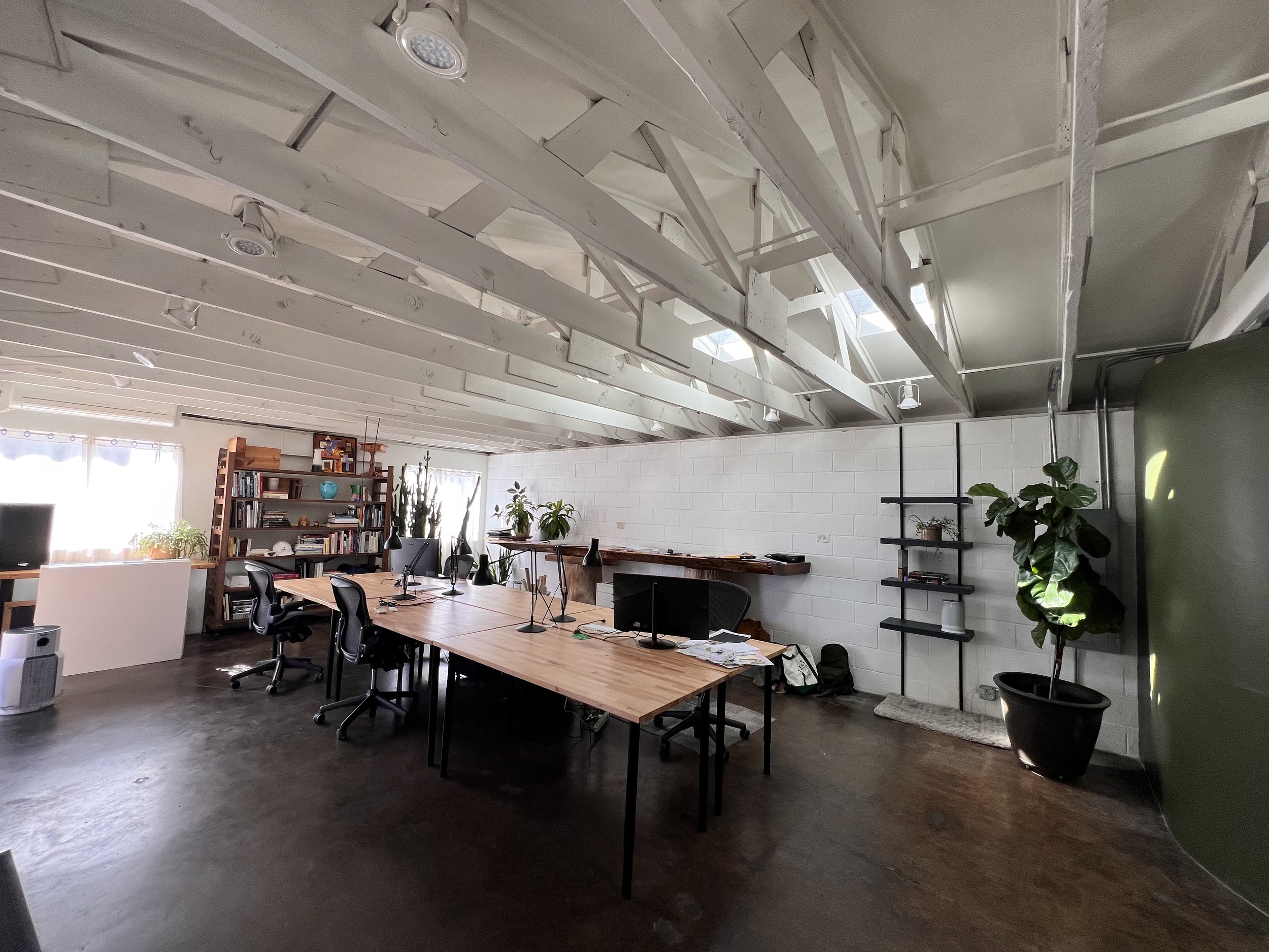 An office with a large wooden desk, black office chairs, bookshelves, potted plants, and windows with curtains, with exposed ceiling beams and a curved green wall.