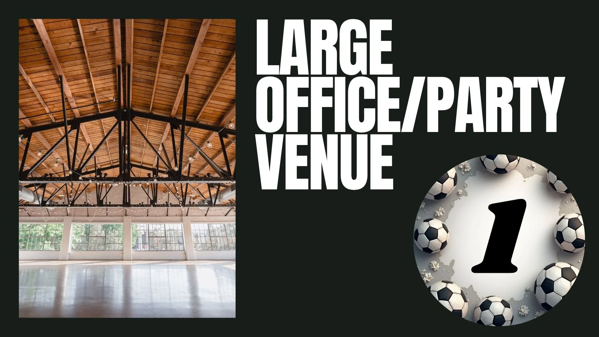 Interior of a large, open space with a wooden ceiling and large windows, suitable for an office or party venue.