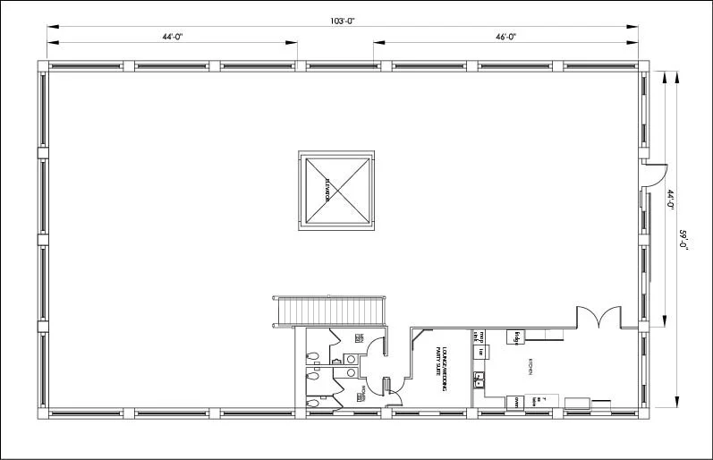 Floor plan of a building with 103-foot by 59-foot dimensions, including a large open area, a central staircase, a small kitchen, and multiple bathrooms.