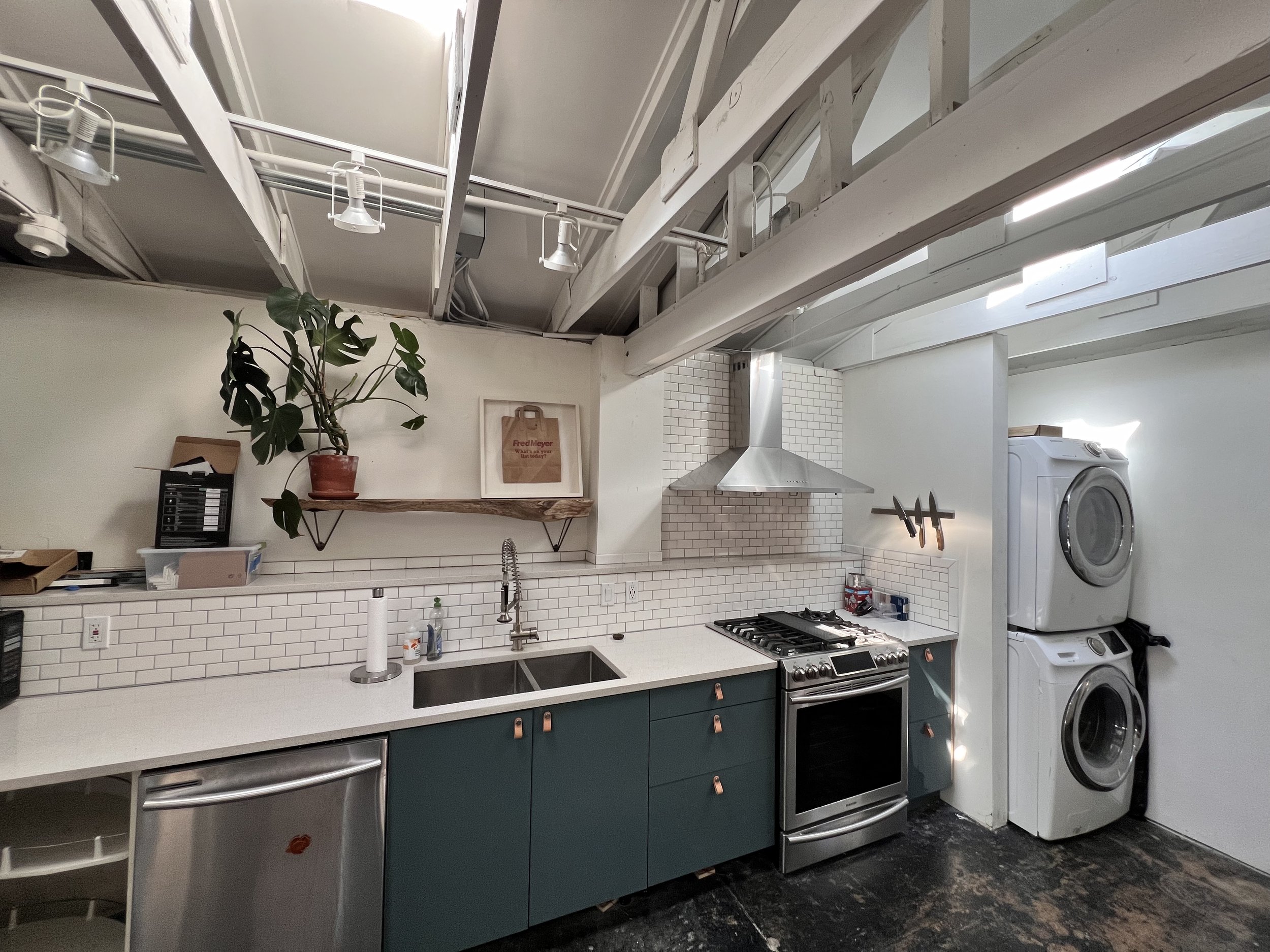 Modern kitchen with green cabinets, stainless steel appliances, a white countertop, a sink, a stove with an exhaust hood, a magnolia plant on a shelf, and stacked washer and dryer units.