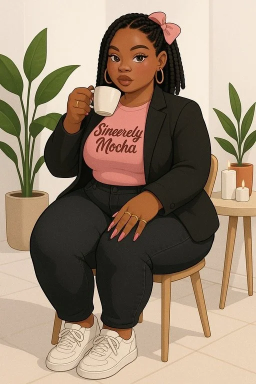 A woman with braids and a pink bow in her hair, wearing a black blazer over a pink shirt that says 'Sincerely Mocha,' sitting on a wooden chair, holding a white mug, surrounded by potted plants and candles.