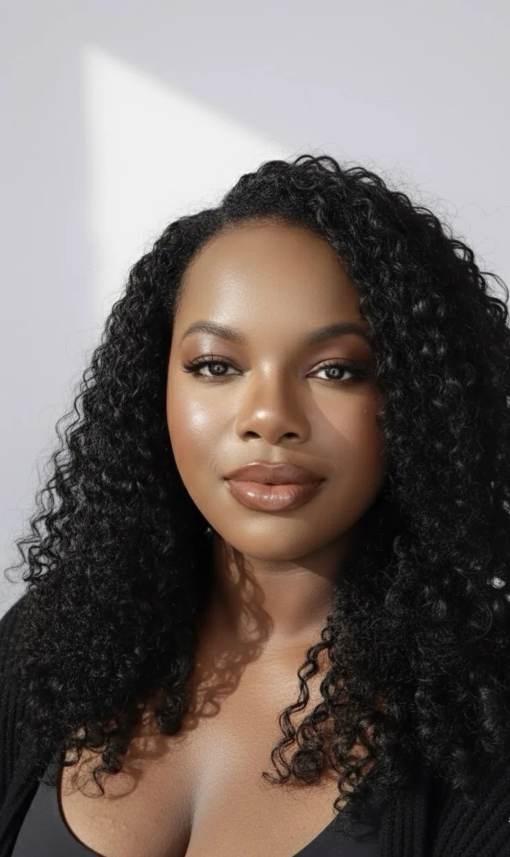 Close-up portrait of a young woman with curly black hair, clear skin, and neutral makeup, posing indoors against a plain light-colored wall.
