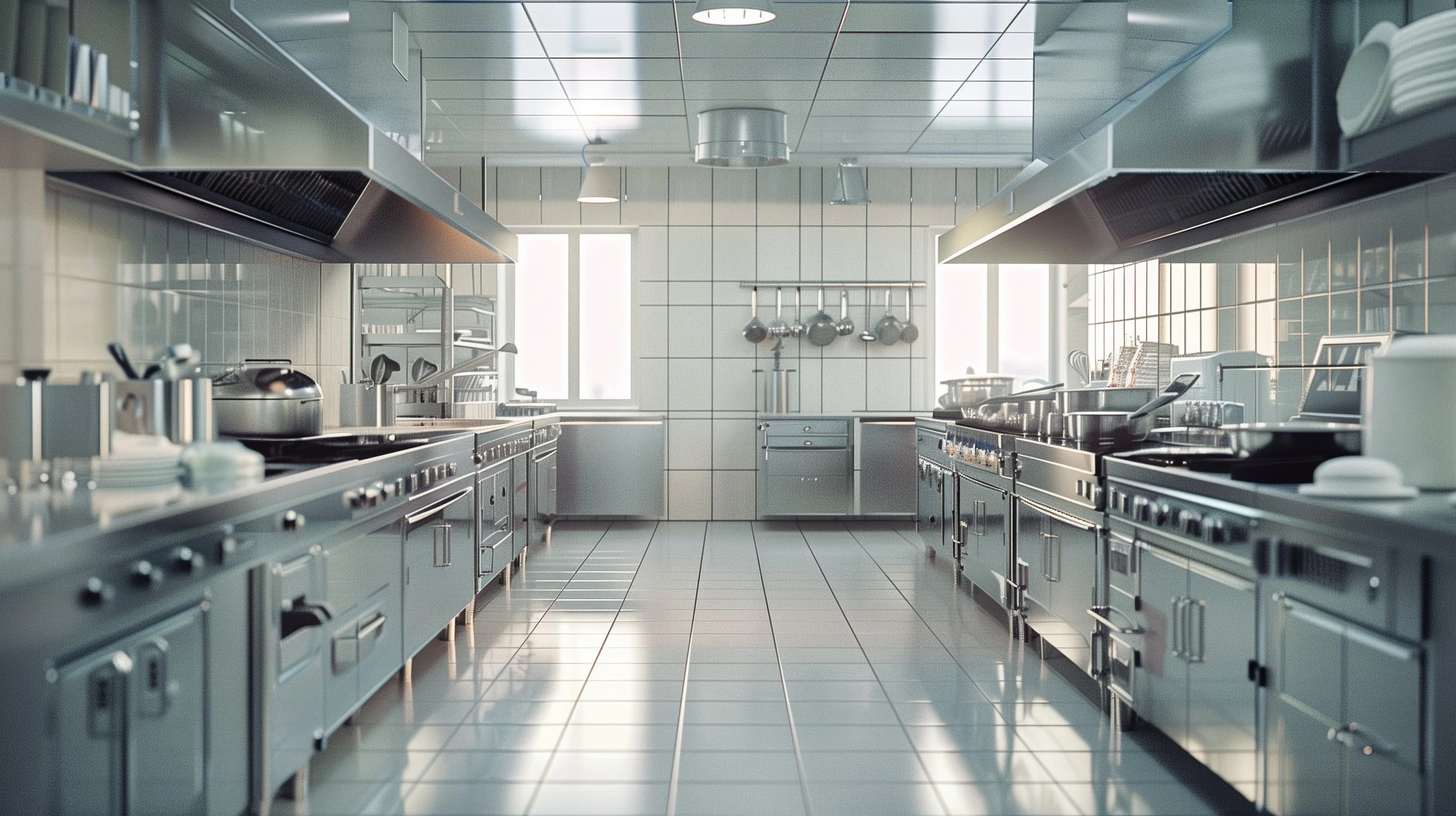 Modern commercial kitchen with stainless steel appliances and tiled walls and floor, brightly lit by natural light from windows.