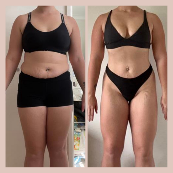 Side-by-side photos of a woman before and after body transformation, wearing black sports bras and shorts in the first image and black underwear in the second, showing weight loss and muscle toning.