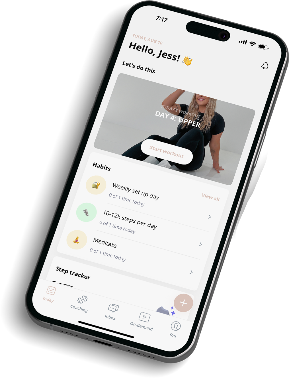 A smartphone displaying a fitness app with a welcome message for Jess, workout instructions, and daily habit trackers.