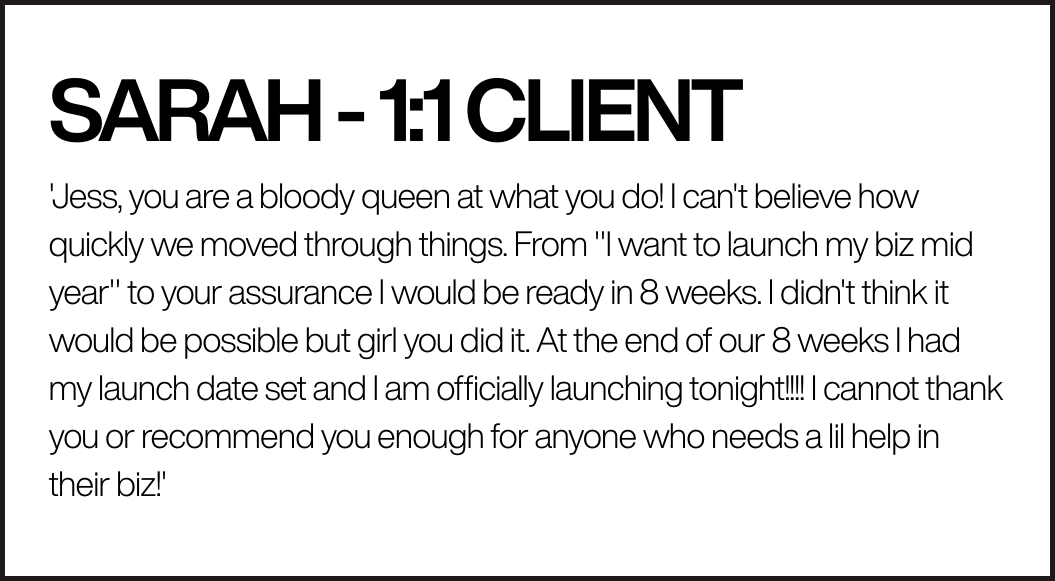 Testimonial from Sarah to a client, praising their quick progress on launching a business idea in 8 weeks and expressing gratitude for their help.