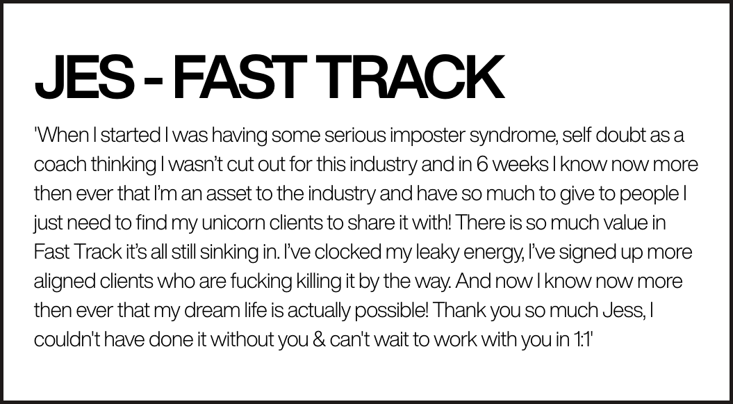Text image with the title "JES - FAST TRACK" and a testimonial paragraph discussing overcoming imposter syndrome and achieving success in the industry through the Fast Track program.