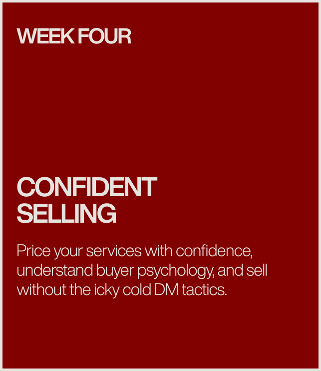 Red promotional poster for week four of a sales confidence course, emphasizing confident selling skills and understanding buyer psychology.