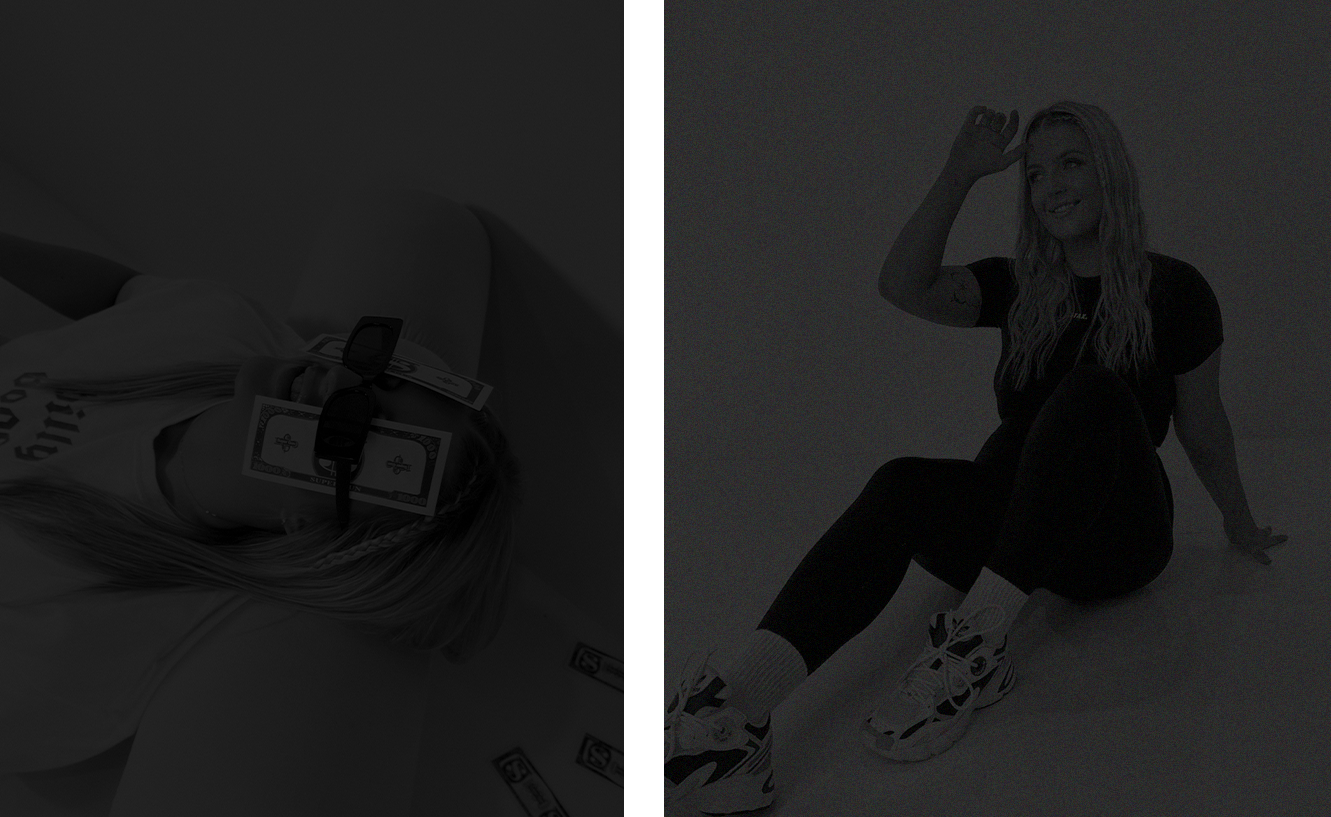 Jess Morgan lying down with sunglasses and money on their face on the left, and a woman sitting on the floor smiling with her hand above her head on the right.