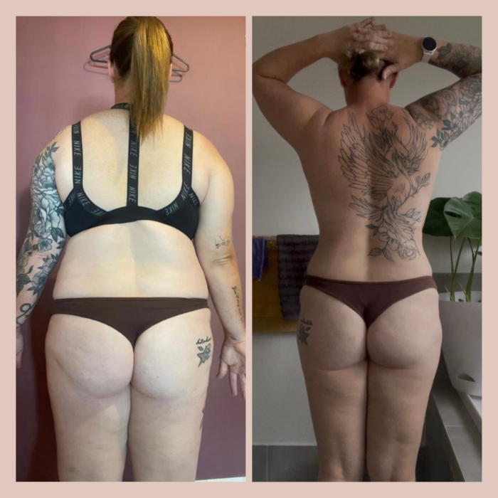 Side-by-side comparison of two women showing their backs, both wearing dark panties and bra, with tattoos on their arms, back, and legs. The woman on the left has blonde hair, and the woman on the right has her hair tied up and is standing in a room with a plant and a towel.
