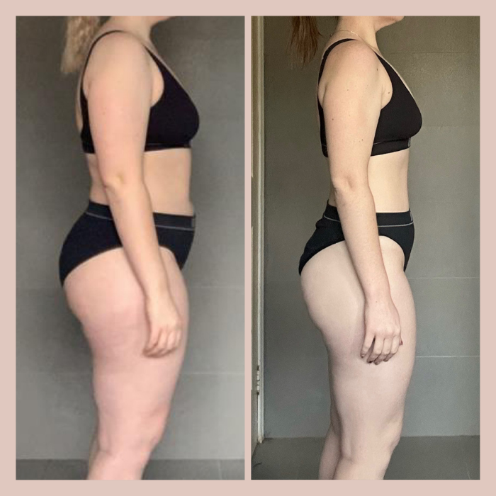 Side-by-side comparison of a woman's body before and after weight loss; she is wearing a black sports bra and black shorts in both photos, showing a reduction in body fat and a more toned physique.