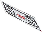 A close-up of a skateboard deck, showing red and black graphic design.