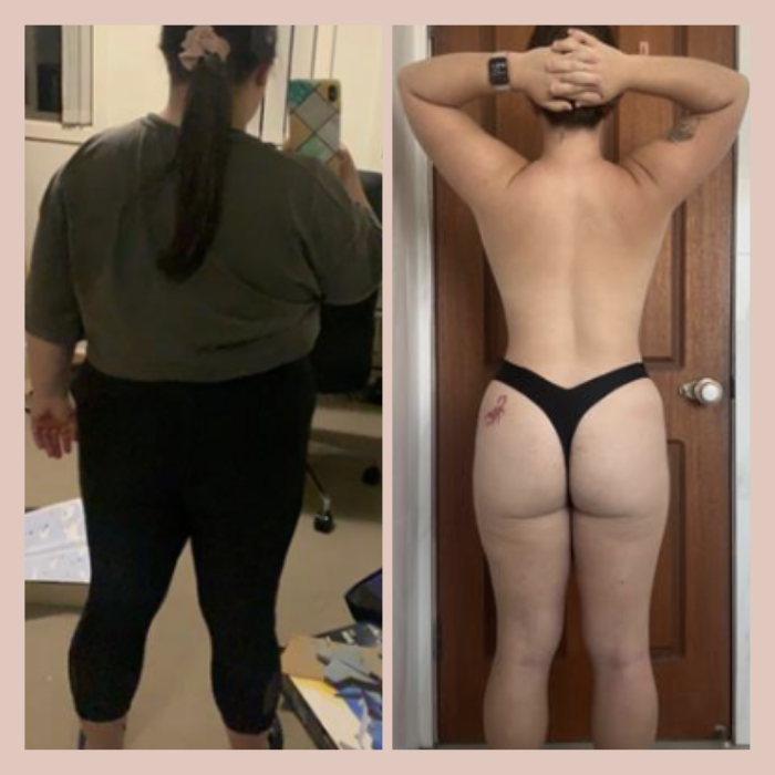 Side-by-side comparison of a woman before and after body transformation: on the left, she has a larger build and wears dark leggings and a loose shirt; on the right, she has a significantly slimmer, toned physique, wearing only a black thong, with her hands on her head.