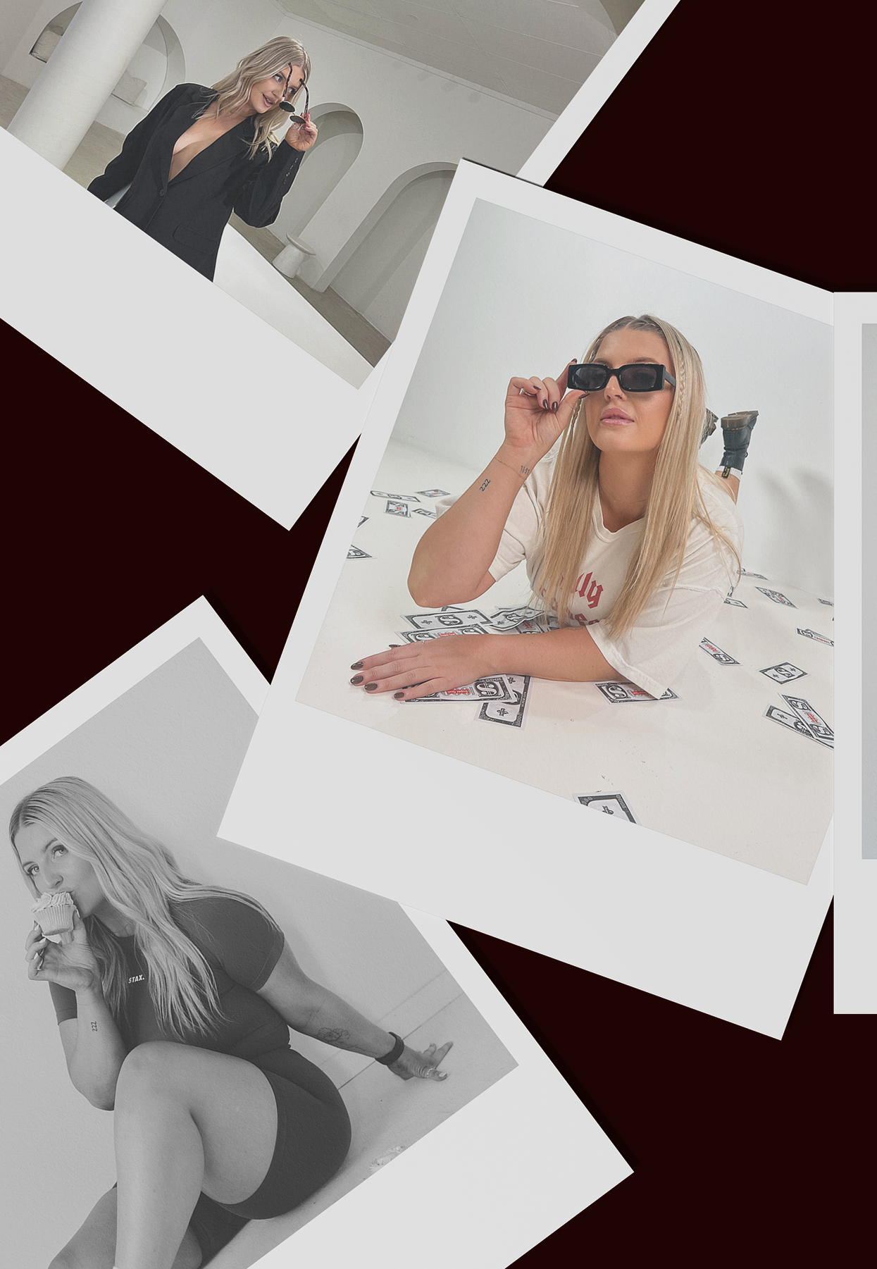 Collage of three photos of Jess Morgan, in different outfits and poses, with various settings, including one in black and white.