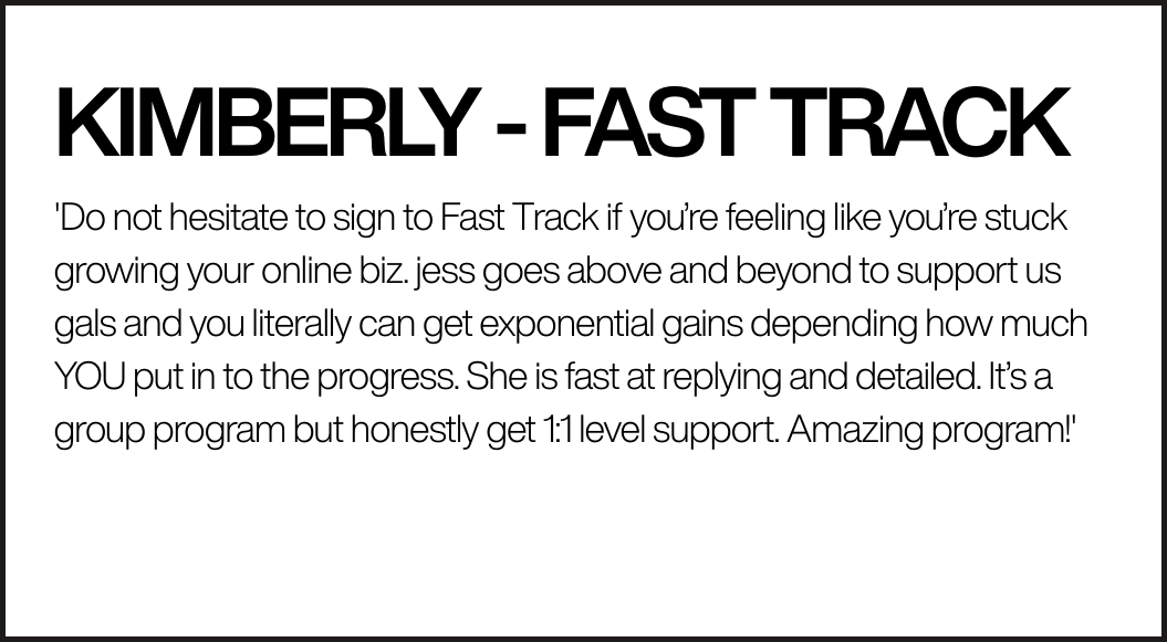 Text-based promotional sign for 'Kimberly - Fast Track' group program, encouraging signing up for online support to grow business, highlighting fast response and personalized support.