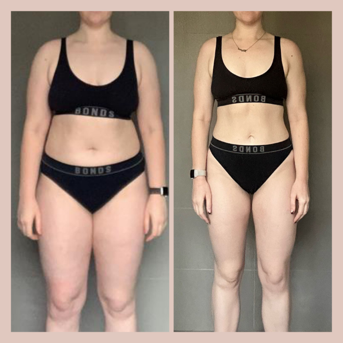 Side-by-side comparison photo of a woman showing her body transformation. In the first photo, she has a fuller body, and in the second, her body appears slimmer and more toned, wearing the same black sports bra and shorts.