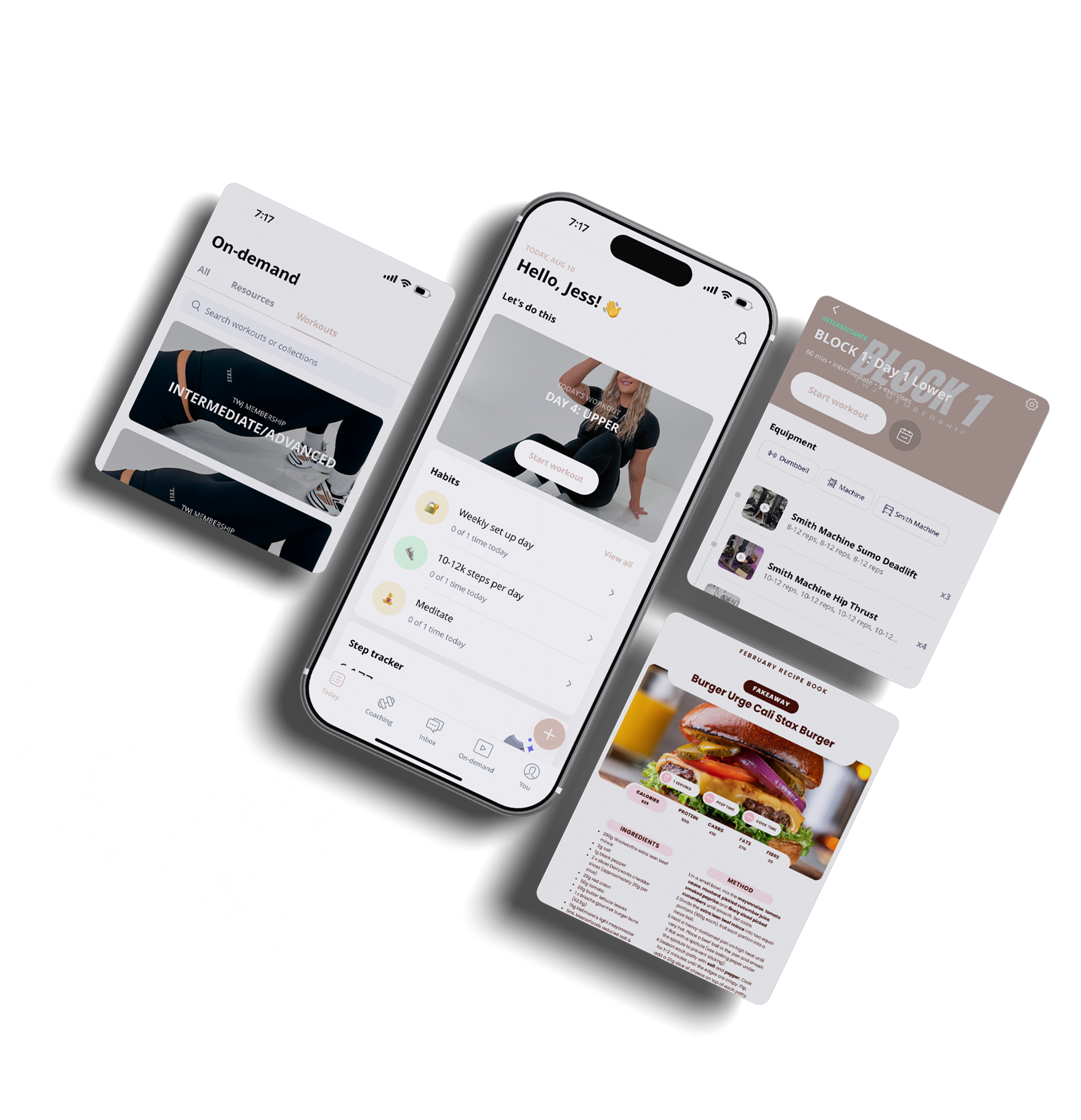 Smartphone screens displaying fitness and cooking apps, with workout routines, recipes, and meal plans