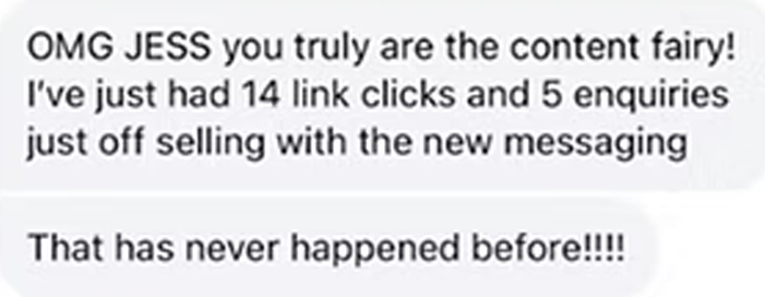 Text message praising Jess for success in link clicks and inquiries, calling her a content fairy, with excitement expressed at the achievement.