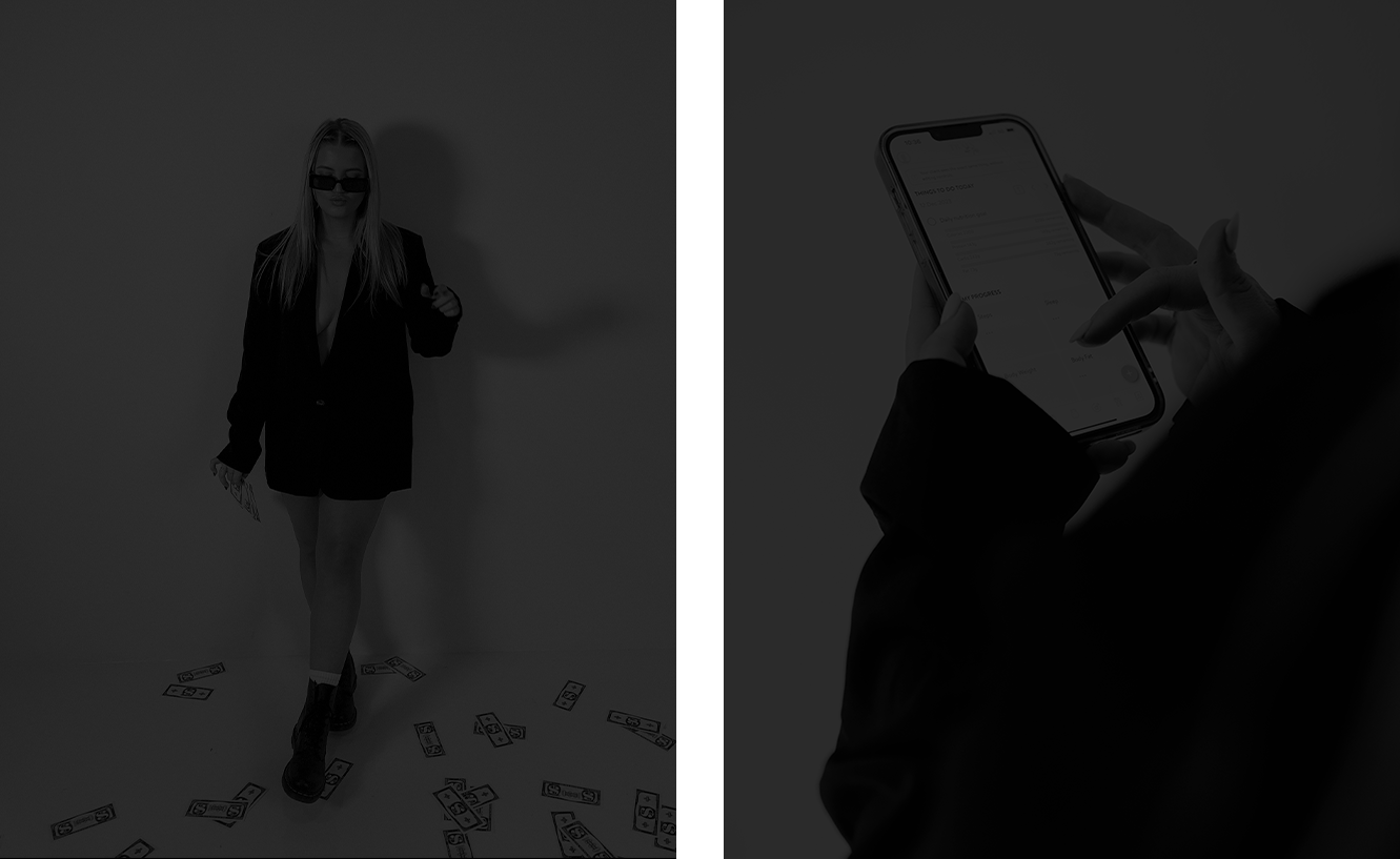 Jess Morgan in a black blazer and shorts, wearing sunglasses, standing with dollar bills scattered on the floor around her, while a person's hand holds a smartphone showing text on the screen.