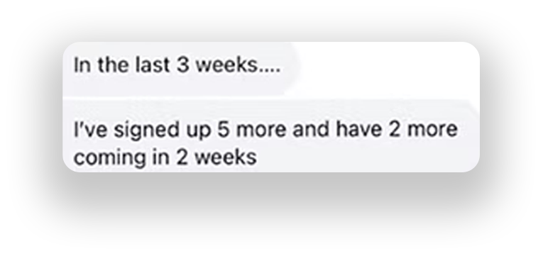 Screenshot of a text message conversation about signing up for something, with a message mentioning signing up for 5 more and expecting 2 more in 2 weeks.