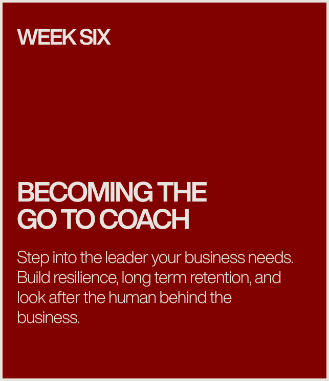 Week six, becoming the go-to coach. Step into the leader your business needs. Build resilience, long-term retention, and look after the human behind the business.