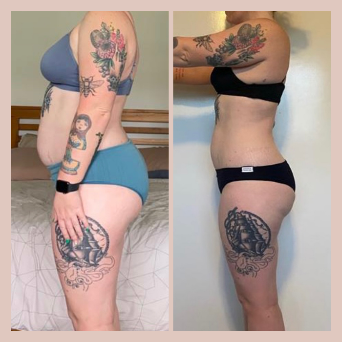Side-by-side comparison of a woman before and after weight loss. In both images, she is standing in profile, wearing a sports bra and underwear, showcasing her tattoos.