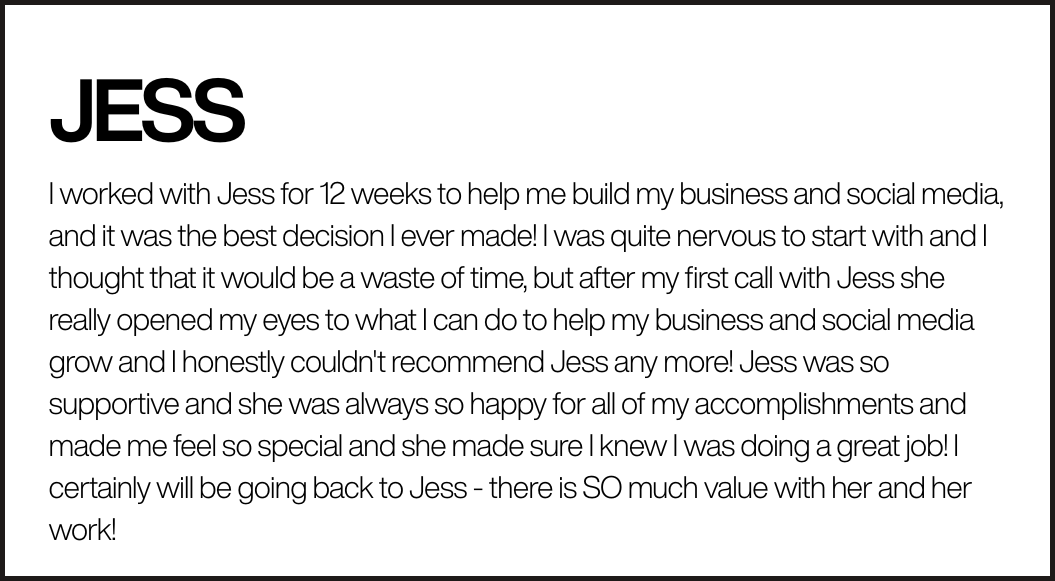 Testimonial letter about working with Jess for business and social media support, praising her helpfulness and support.