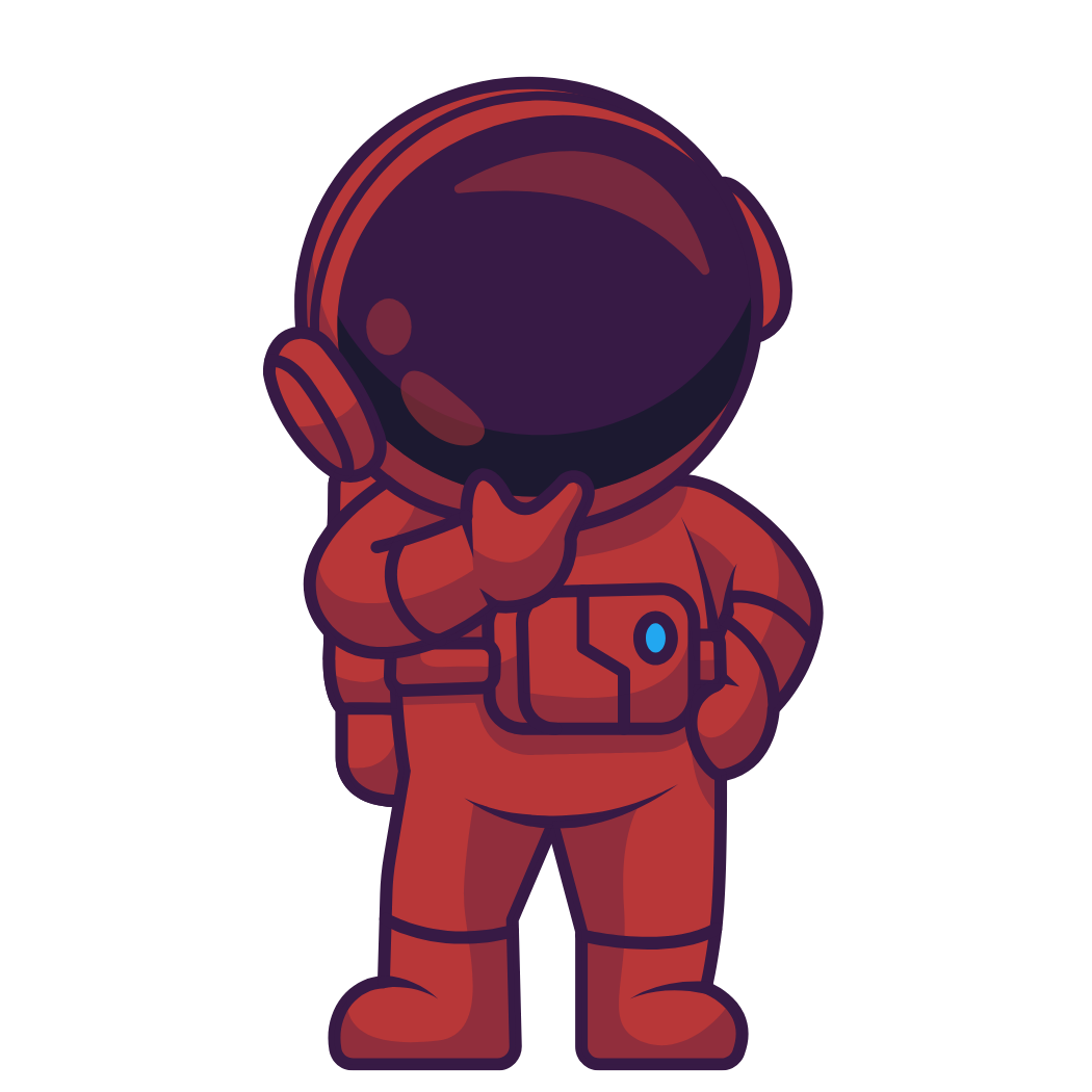 Cartoon astronaut in a red spacesuit with a large black helmet, waving with one hand and touching the helmet with the other.