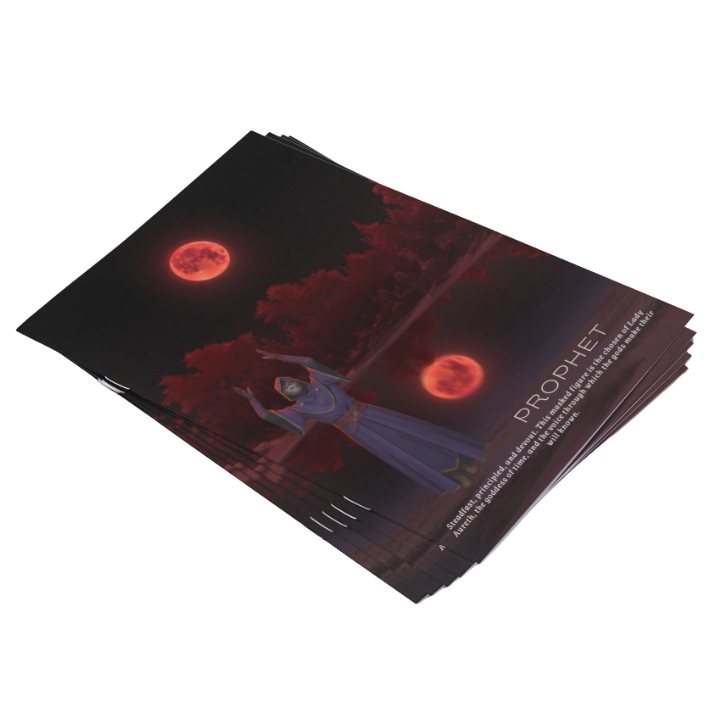 A 3D rendering of a pamphlet with a dark, fantasy-themed cover. The cover displays a woman in a long purple gown with outstretched arms, standing in front of a red moon and red-leafed trees under a dark sky. Text on the cover reads "PROPHET" and a quote about the goddess Aurel.