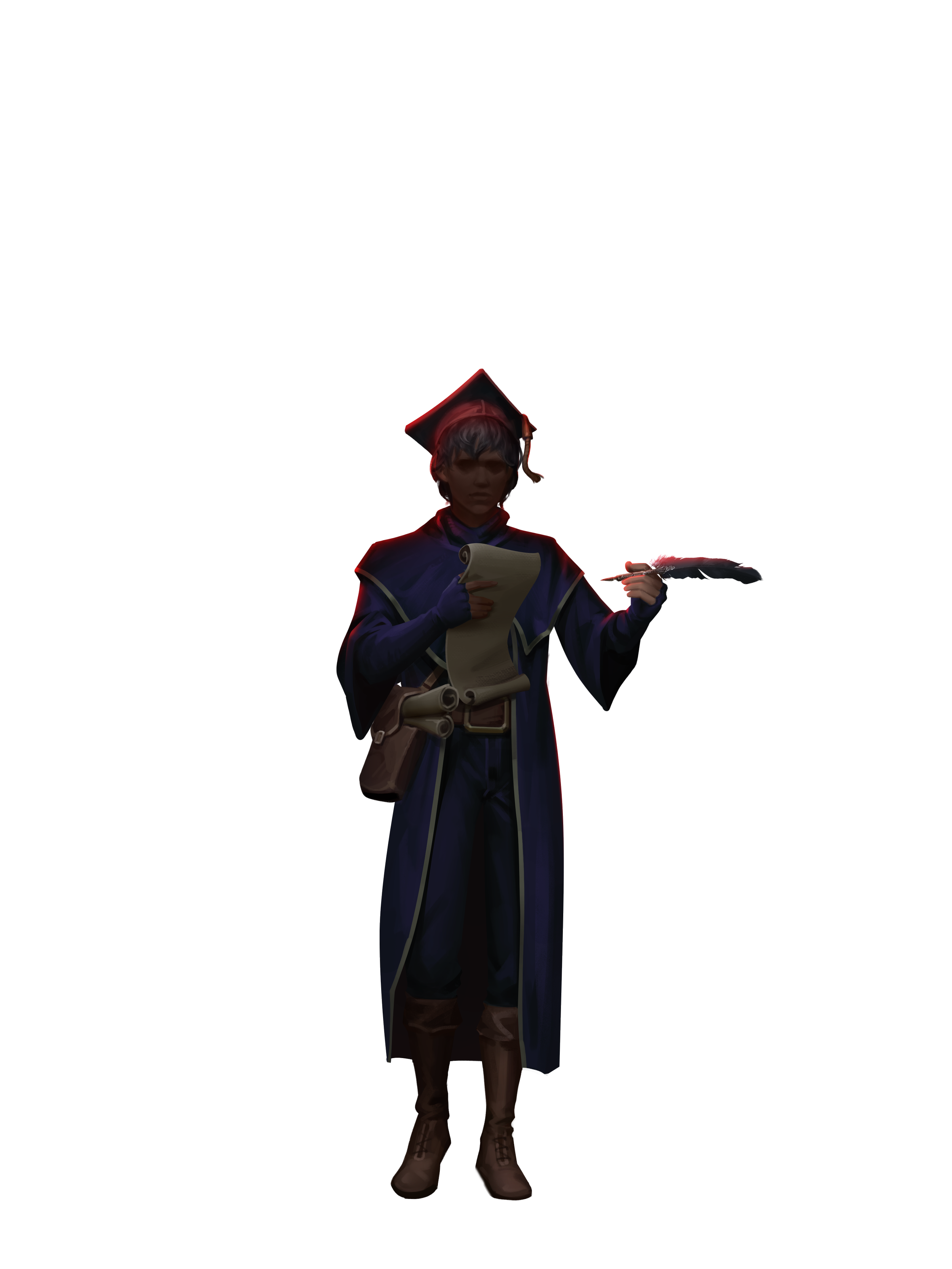 A person dressed as a wizard or mage wearing a dark blue robe and a pointed hat, holding a scroll and a writing instrument, standing against a black background.