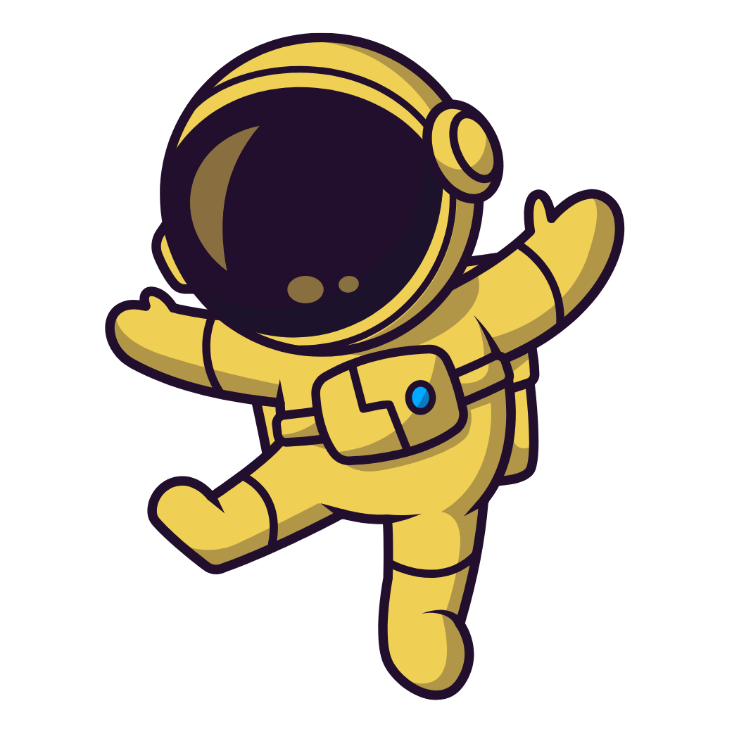 Cartoon astronaut in a yellow spacesuit floating in space with arms and legs extended.