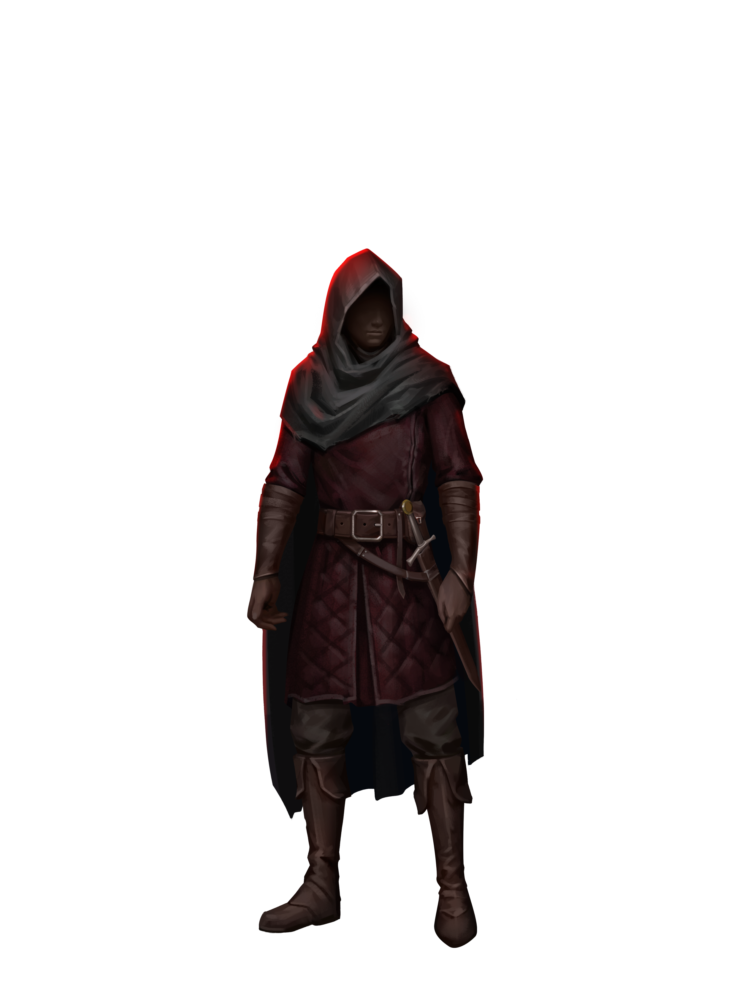 A dark-haired figure dressed in medieval-style dark red and brown clothing with a quilted long coat, leather gloves, knee-high boots, and a black hooded cloak.