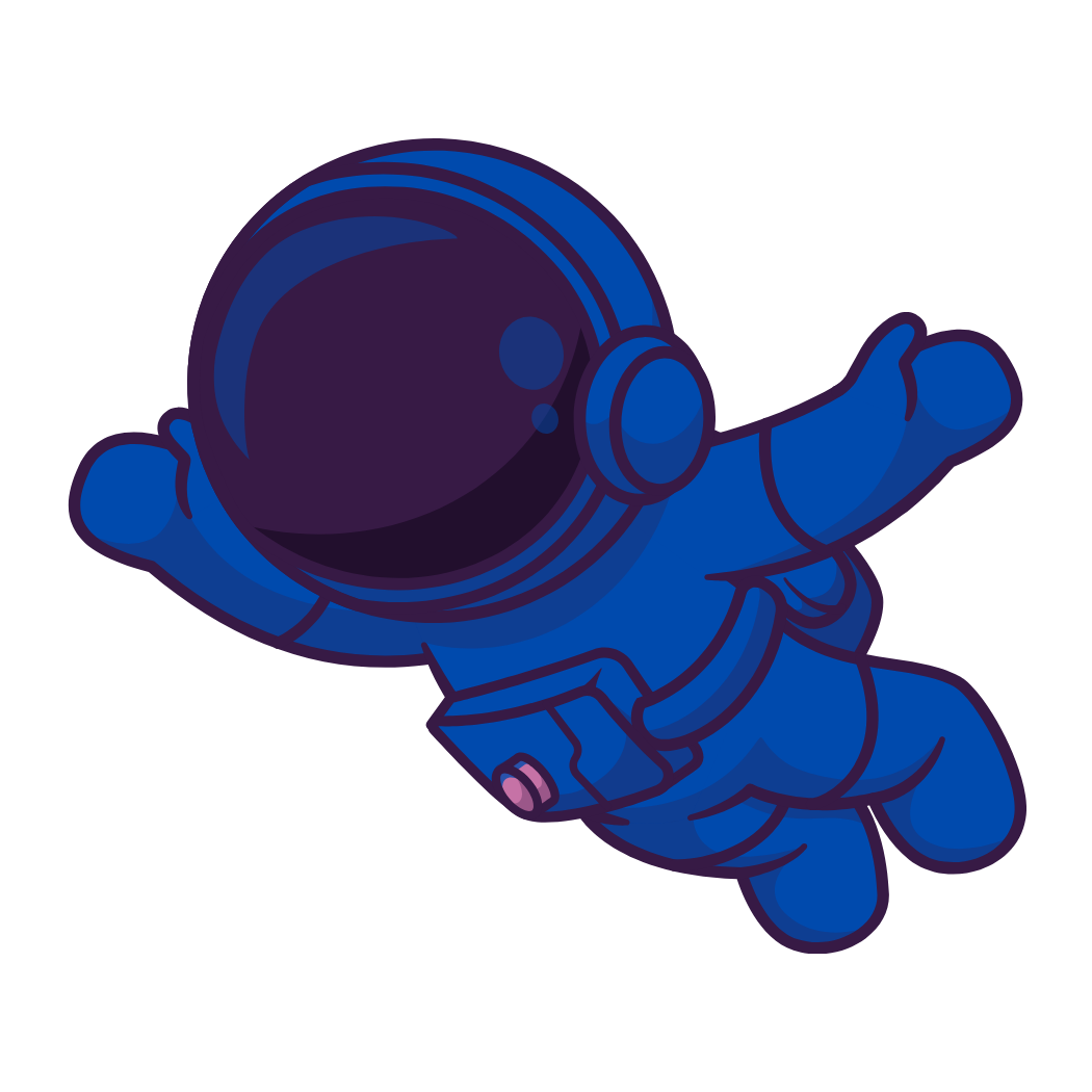 Cartoon astronaut floating in space with a dark helmet and blue suit.