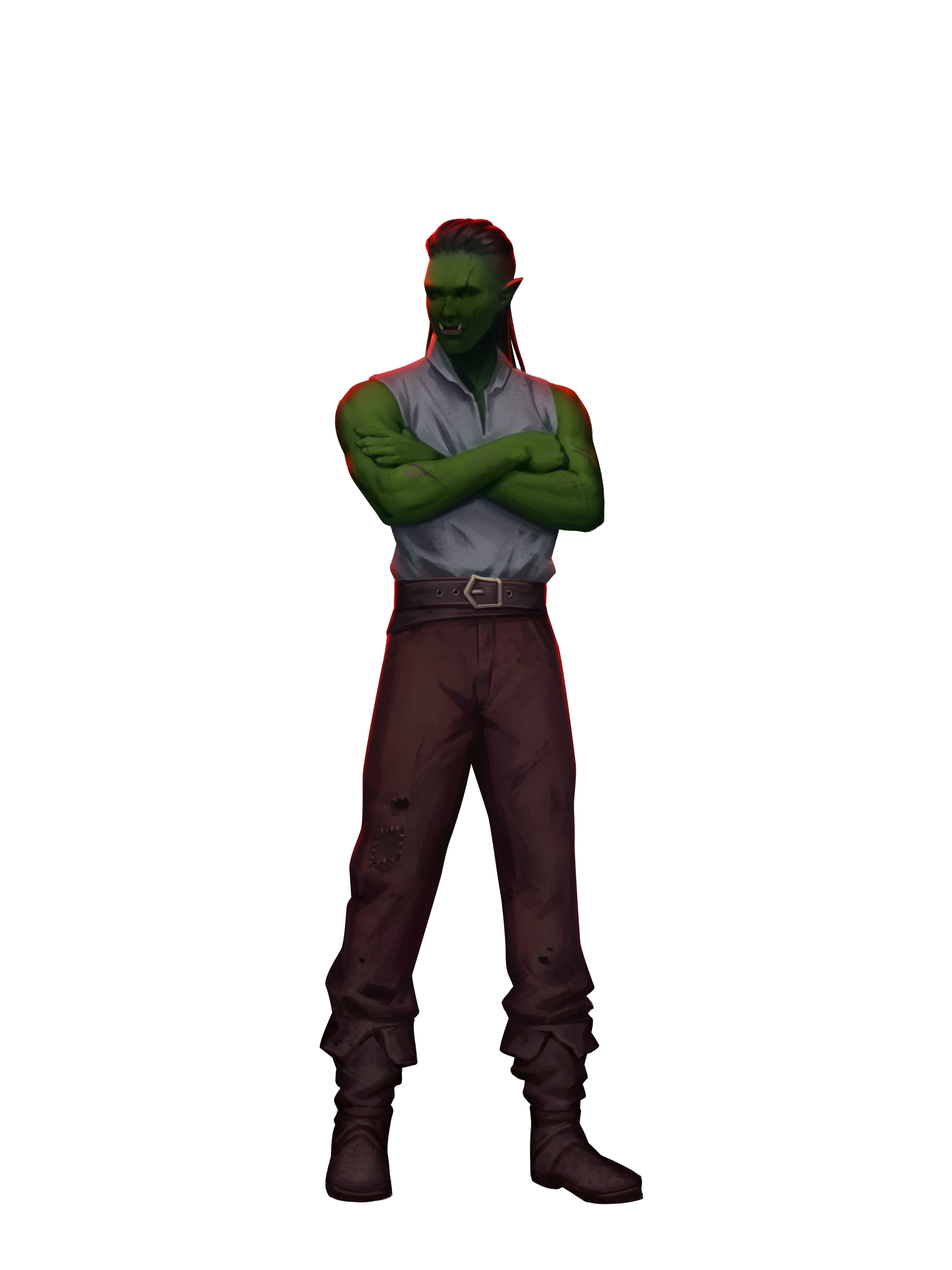 A digital illustration of a green-skinned humanoid character with pointed ears, wearing torn pants, boots, and a sleeveless shirt. The character has long hair pulled back and appears to be snarling or growling, with crossed arms and an aggressive stance.
