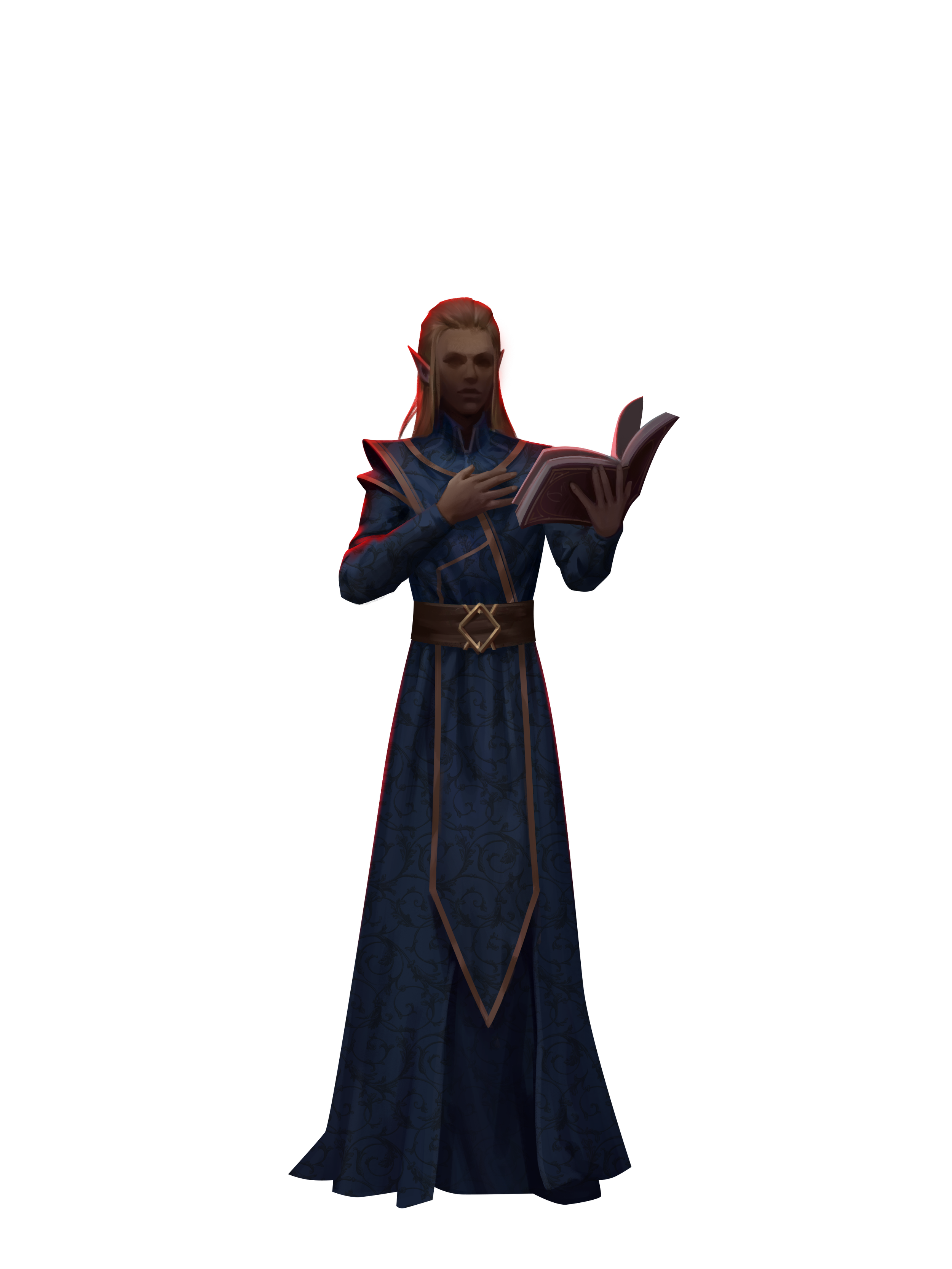 A fantasy elf woman in a long dark blue embroidered dress with a gold belt, reading a book against a black background.