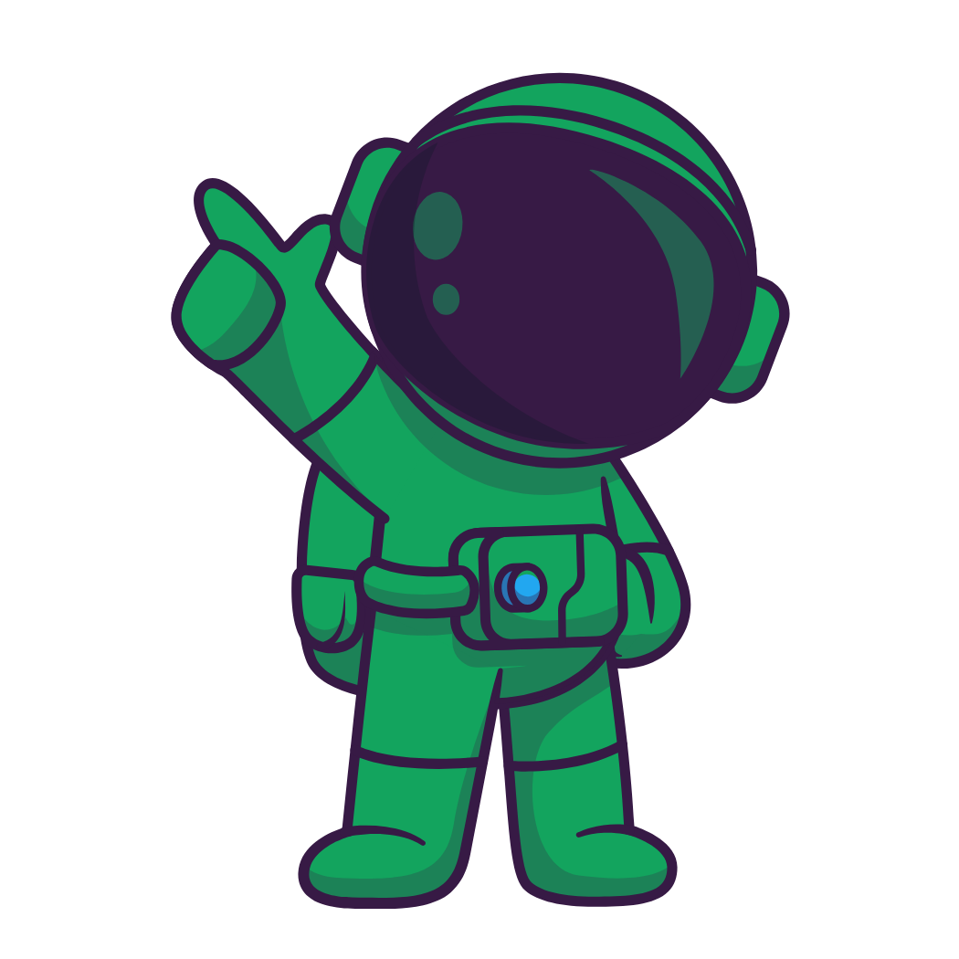 Cartoon of an astronaut in a green spacesuit waving with one hand, facing forward with the helmet's visor reflecting light.